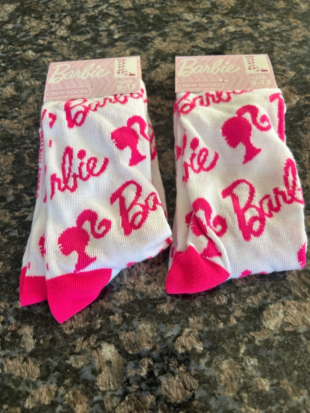 MAYTEL BARBIE WHITR & HOT PINK LOGO CREW SOCKS 9-13 LOT OF 2 MWT